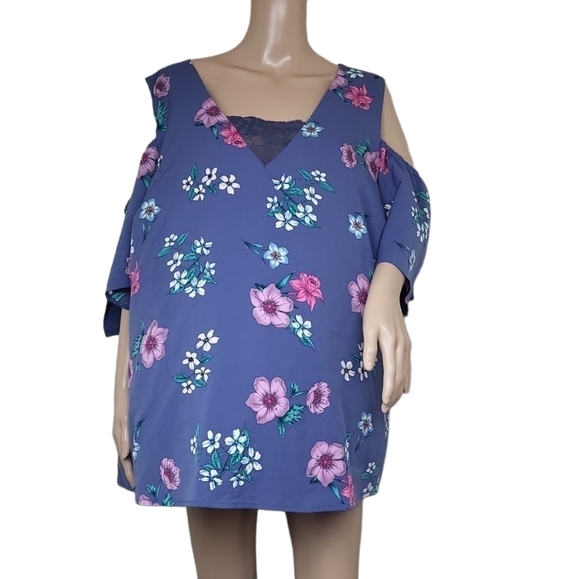 Lane Bryant Womens Cold Shoulder Top  Blue Floral - Picture 4 of 6